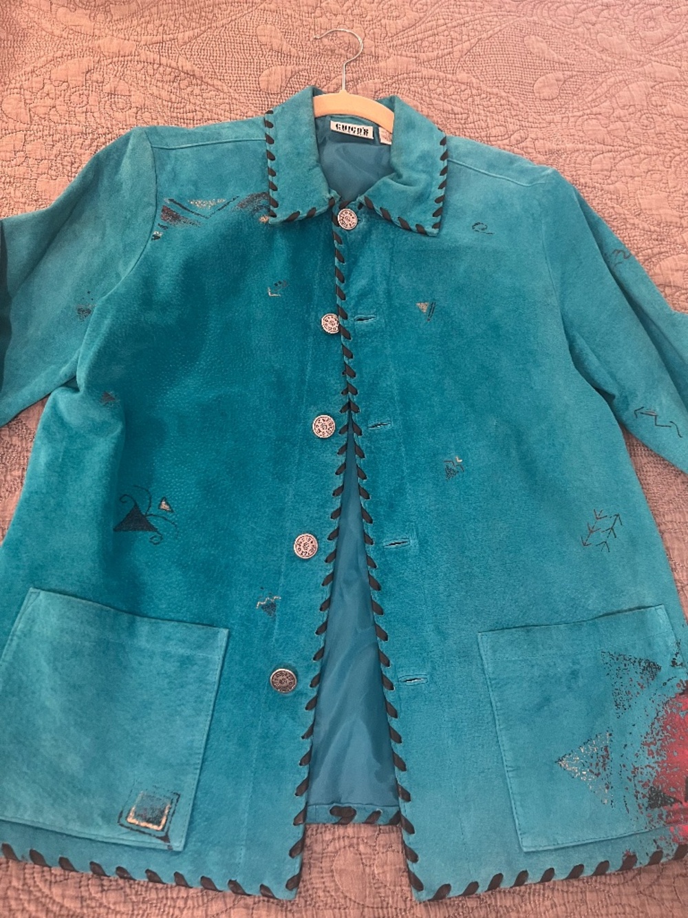 Chicos Design Genuine Suede Whipstitch Jacket Southwest Design in Turquoise